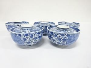 古伊万里　染付　牡丹唐草　蓋物茶碗　5客